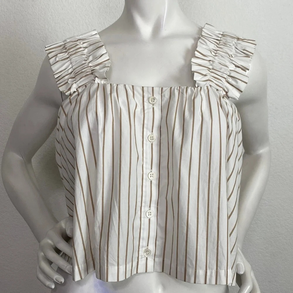 Frame 100% Organic Cotton White/Tan Cropped Striped Ruffle Streetwear Top Sz. XS